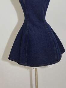 SHEIN PETITE Women's Front Button Waist Cinched Sleeveless Denim Dress - Dark Wash - View 4