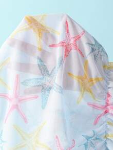 SHEIN 女童轻薄透明海星印花罩衫，柔软透气，圆领，蝙蝠袖，松紧腰身，荷叶边袖口，清新海洋风，适合女童海滩度假、泳装和夏季穿着。 - 淺藍色 - 查看 8