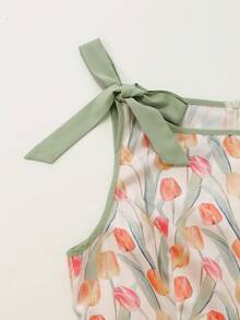 GlowEve Đầm midi dáng chữ A cạp cao in họa tiết hoa tulip, dây đeo nơ màu xanh lá cây, khóa kéo phía sau, kiểu dáng thanh lịch Pháp. - Nhiều màu - Xem 4