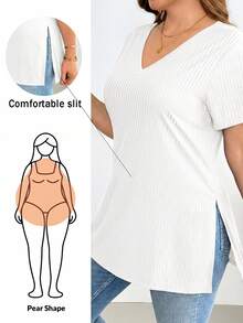 Shapeblank Women's Plus-Size White Summer Casual Everyday V-Neck Short-Sleeved T-Shirt,High-Elasticity Comfortable High-Slit Basic Versatile Curve Tops - White - View 1