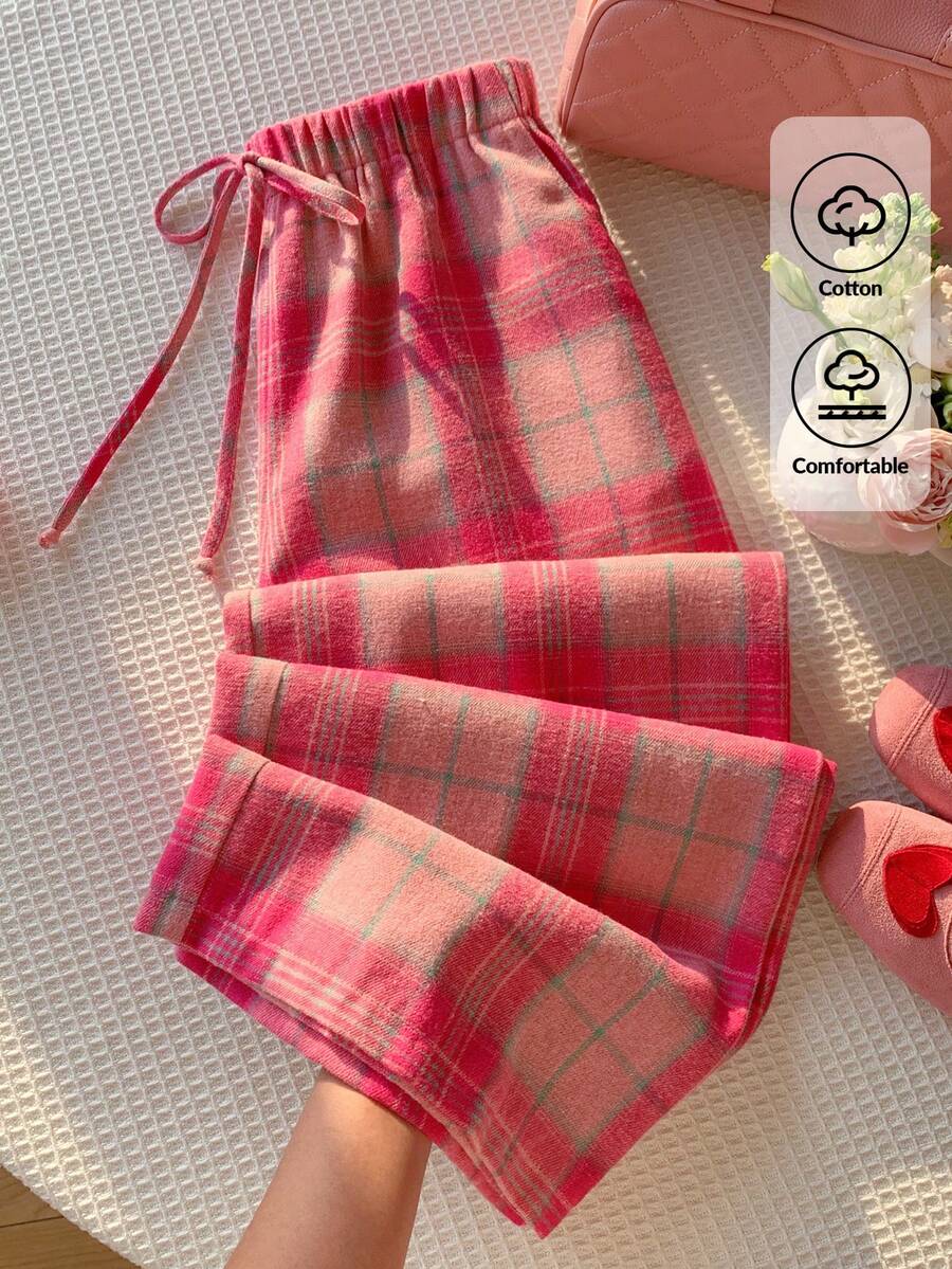 SHEIN Comfortcana 休闲棉质格子宽松粉色格子棉质女裤粉色格子裤粉色格子长裤粉色裤子家居裤瑜伽裤Zanzea裤子和衬衫夏季裤子夏季服装节日服装女士母亲节海滩毕业优雅休闲度假服装女士粉色舒适可爱裤子乡村格子粉色休闲裤 - 彩色 - 查看 1
