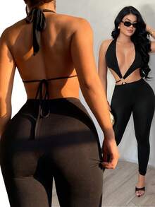 SHEIN SXY 女士纯色露背金属装饰镂空性感日常连体裤 - 黑色 - 查看 7