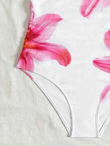 SHEIN 女童碎花吊带连体泳衣，带罩衫和裙子 - 玫紅色 - 查看 4