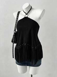 Sunspun Plus Size Tie-Up Asymmetrical Hem Tassel Beaded Backless Halter Top - Black - View 3