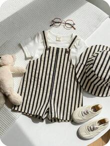2pcs/Set Baby Boy/Girl Summer Striped Bib Overalls & Bucket Hat Set, Casual Outfit For Home, Outing, Beach - Multicolor - View 7