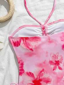 SHEIN 2件装女童热带花卉图案弹力速干舒适针织面料连体泳衣（适合青少年女孩），适合海滩、泳池、海边、冲浪、度假、夏季旅行 - 淺粉色 - 查看 4