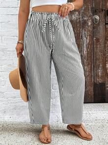 SHEIN VCAY Plus Size Casual Striped Women Pants Fall - Black and White - View 5