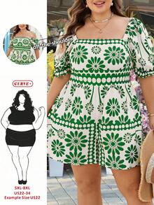 SHEIN CURVE+ Curve 尺码 US22 音乐节、海滨度假、波西米亚风女士复古蓝白碎花方领泡泡袖腰带阔腿连体裤，假日蓝白碎花连体裤 - 薄荷綠 - 查看 1