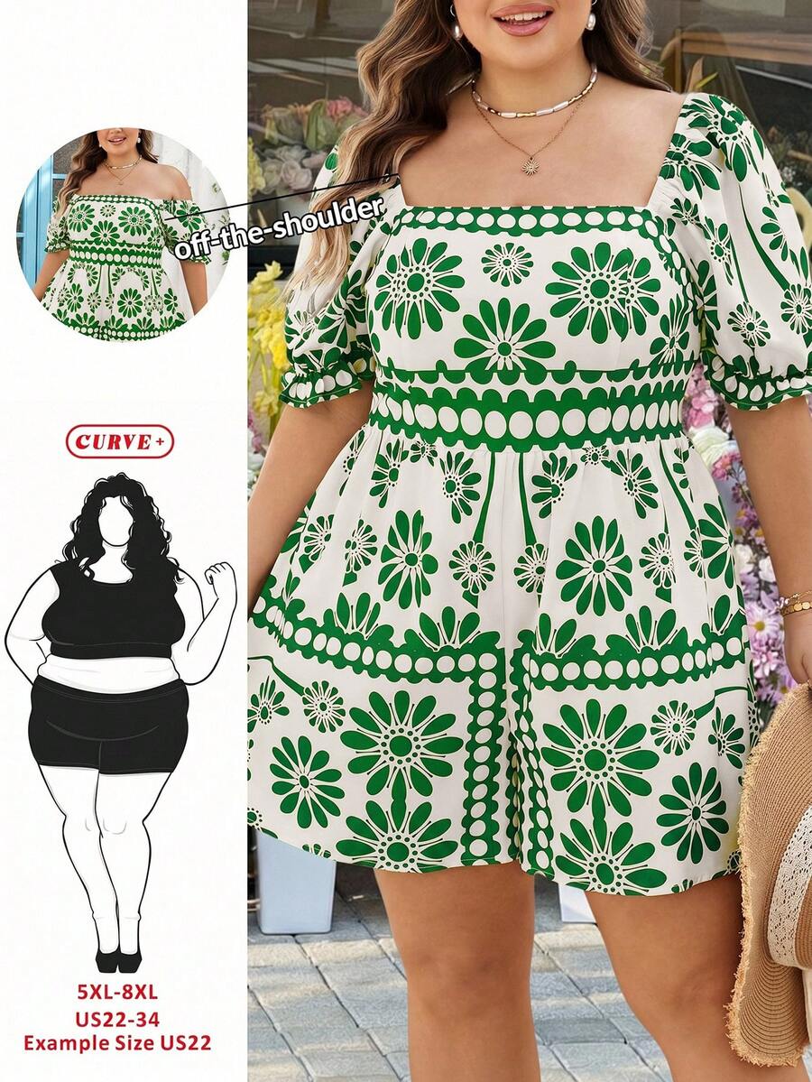 SHEIN CURVE+ Curve 尺码 US22 音乐节、海滨度假、波西米亚风女士复古蓝白碎花方领泡泡袖腰带阔腿连体裤,假日蓝白碎花连体裤 - 薄荷綠 - 查看 1