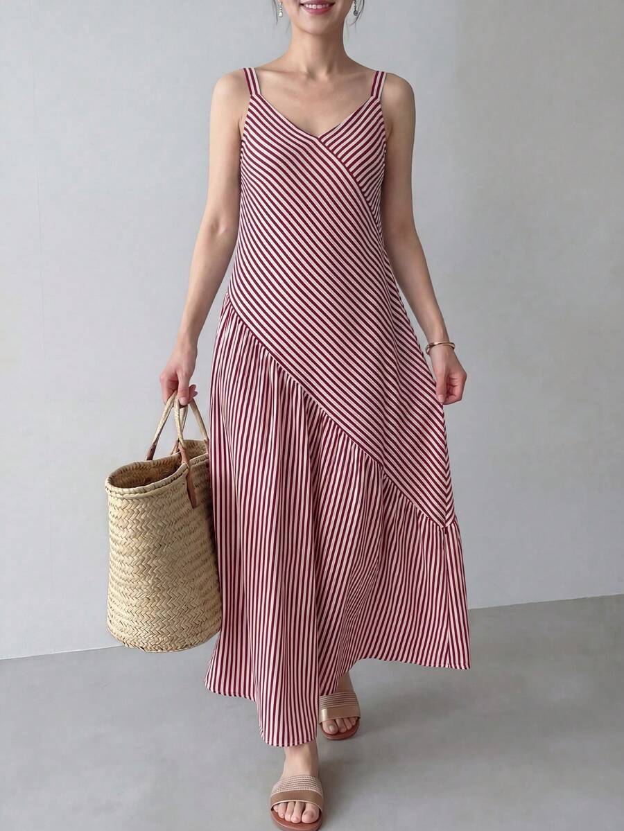 EMERY ROSE Women's Summer Casual French Holiday Style Colorblock Red And White Striped Print Loose Long Camisole Dress, Summer Dresses For Women And, Vacation - Red and White - View 1