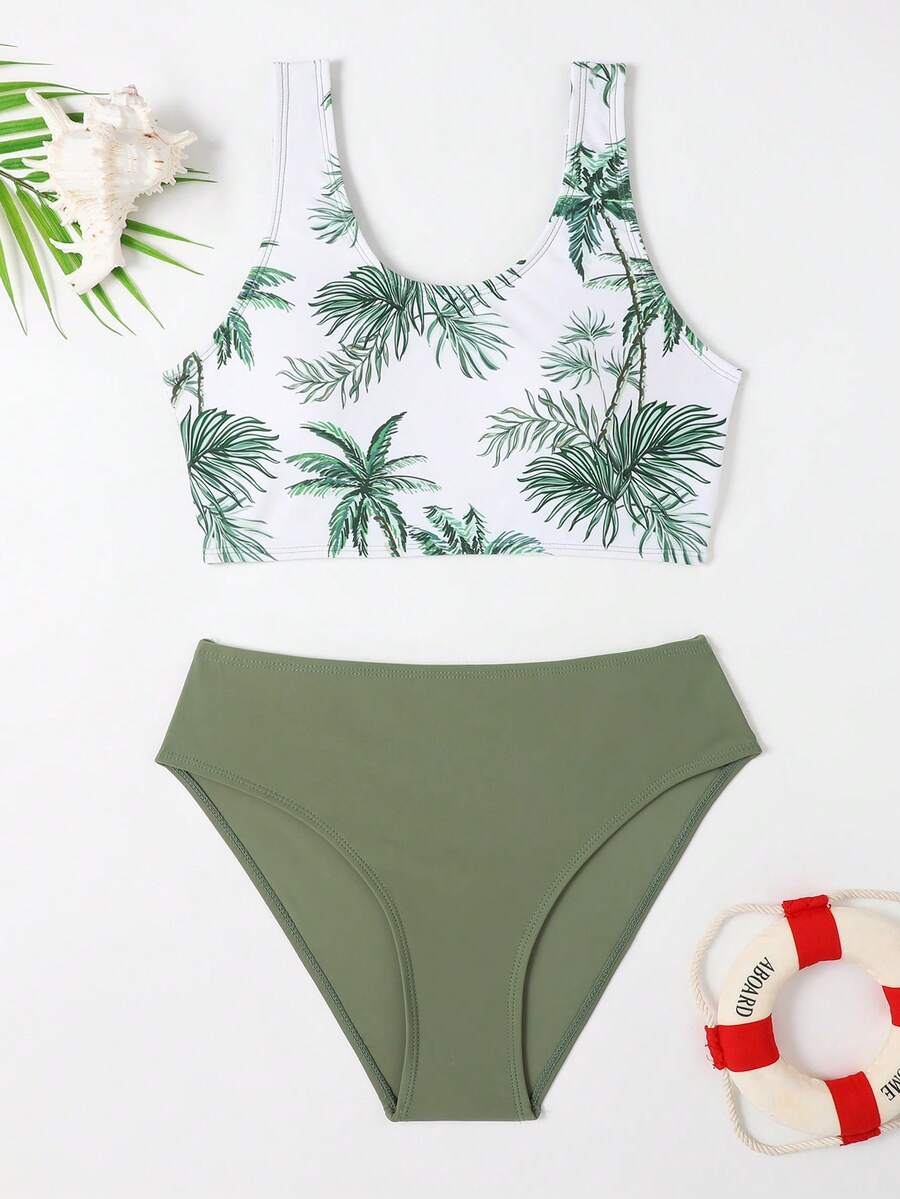 Teen Girl Tree Pattern Bikini Set Summer Beach Kids Swimming ,Kids Beachwear - Army Green - View 1