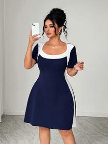 Elenzga Plus Size Color Block Square Neck Slimming Waist Short Sleeve Commuter Chic Short Dress - Navy Blue - View 4