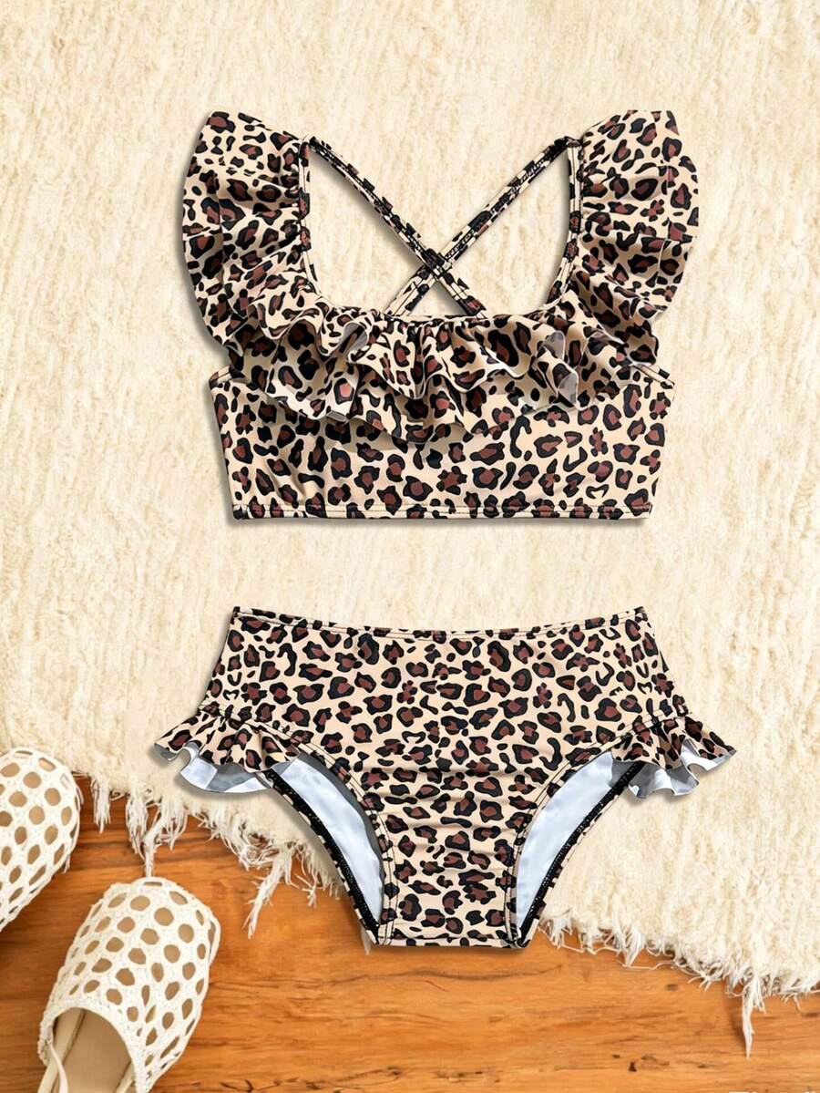 Bộ bikini 2 mảnh họa tiết da báo viền bèo nhún thời trang mới nhất cho bé gái - Nhiều màu - Xem 1
