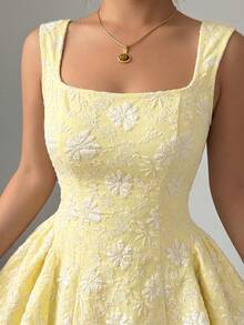 Elenzga Plus Size Women Casual Elegant Square Neck Dress - Yellow - View 6
