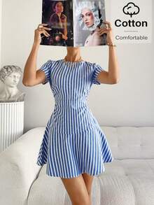 Siren Gaze Women's Fashionable Elegant Striped Waist Cinching Mini Dress - Royal Blue - View 5