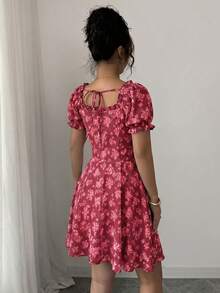 Rafferiza Women's Mini Ditsy Floral Square Neck Petal Sleeve Ruffle Waist Drawstring Tie Waist Dress - Multicolor - View 6