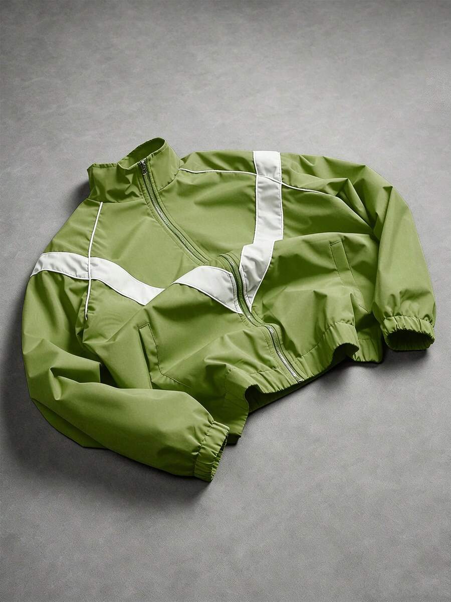 PAVTROS Men's Stand Collar Contrast Color Zip-Up Jacket Football - Olive Green - View 1