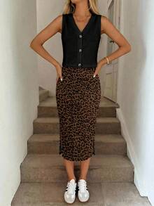 SHEIN LUNE Setelan 2 Potong Kardigan Kancing Motif Leopard Kasual Wanita, Cocok untuk Musim Semi/Panas, Pakaian Musim Panas untuk Wanita - MultiWarna - View 5
