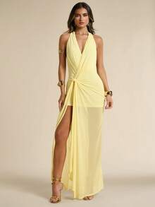 SHEIN BAE Đầm cổ yếm màu trơn dành cho nữ, thiết kế xoắn bên hông. - Vàng nhạt - Xem 1