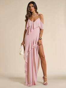 SHEIN BAE Elegantes Damen-Camisole-Kleid in Altrosa mit Rüschensaum, fließend, einfarbig, lang, stilvoll für Sommerhochzeit, Ninang, Abendparty und Urlaub - Pink - Übersicht 3