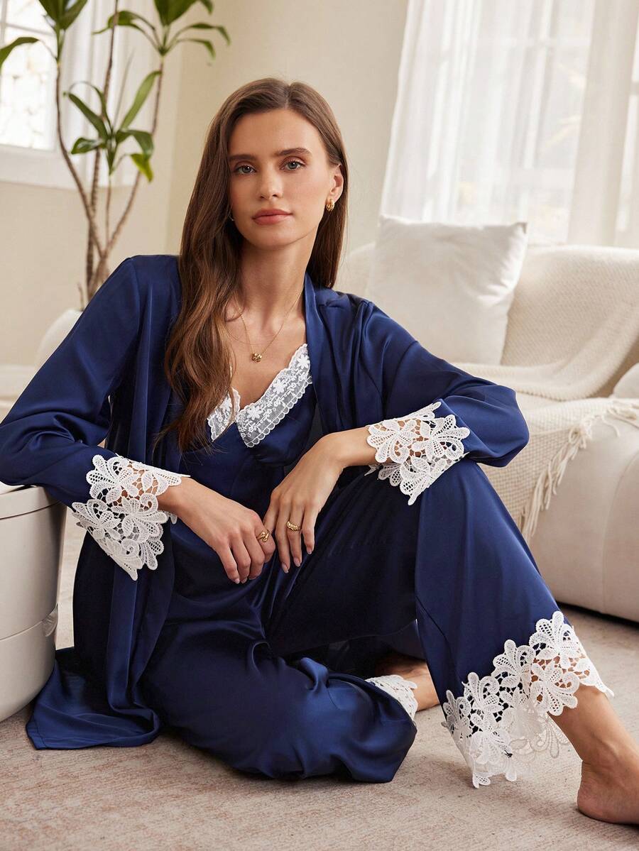 Moireta Bộ đồ ngủ 3 món bằng satin thoải mái, thanh lịch, lãng mạn, phối màu tương phản, ren và họa tiết hoa. - Xanh đậm - Xem 1