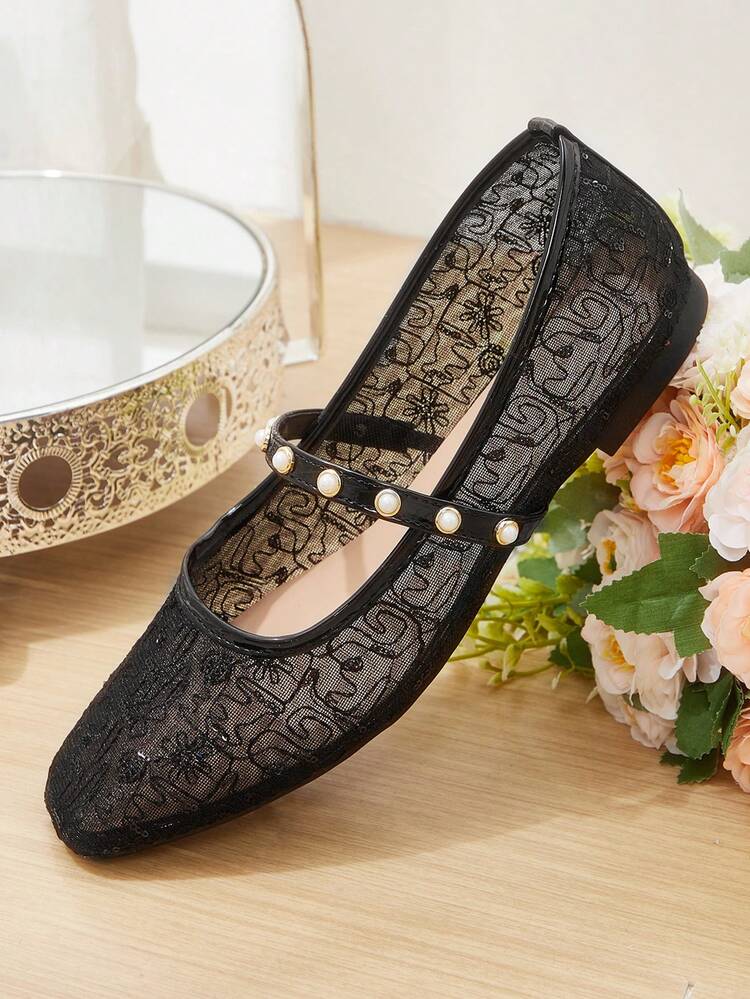 CUCCOO HITCHD Women's Shoes Spring And Summer Hollow Mesh Fashion Mary Jane Shoes Flat Bottom Square Toe Pearl Versatile Casual Valentine's Day Elegant Wear
