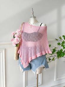 SHEIN EZwear 大码女式橄榄绿钩针编织披肩，荷叶边下摆，休闲半透明，适合外出和约会 - 淺粉色 - 查看 5