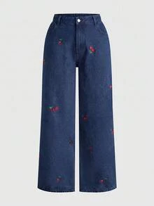 SHEIN MOD Quần jean ống đứng dáng rộng cỡ lớn màu xanh dương - Rửa tối - Xem 1