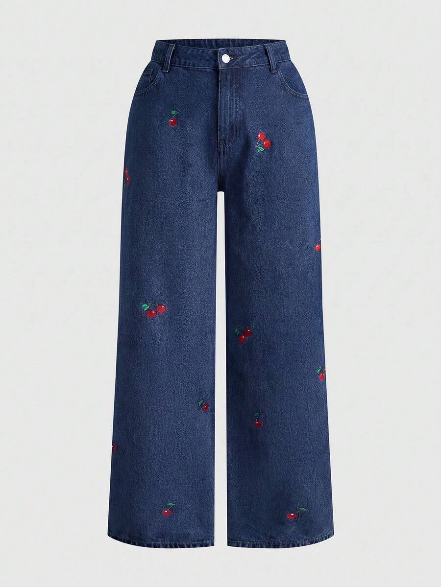 SHEIN MOD Quần jean ống đứng dáng rộng cỡ lớn màu xanh dương - Rửa tối - Xem 1