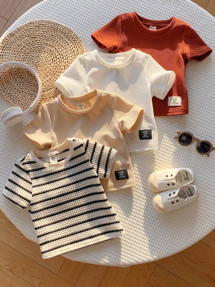 SHEIN Bộ 4 áo thun ngắn tay kẻ sọc dệt kim đa năng dễ thương cho bé trai mùa hè, kiểu dáng thường ngày, dễ phối đồ. - Nhiều màu - Xem 1