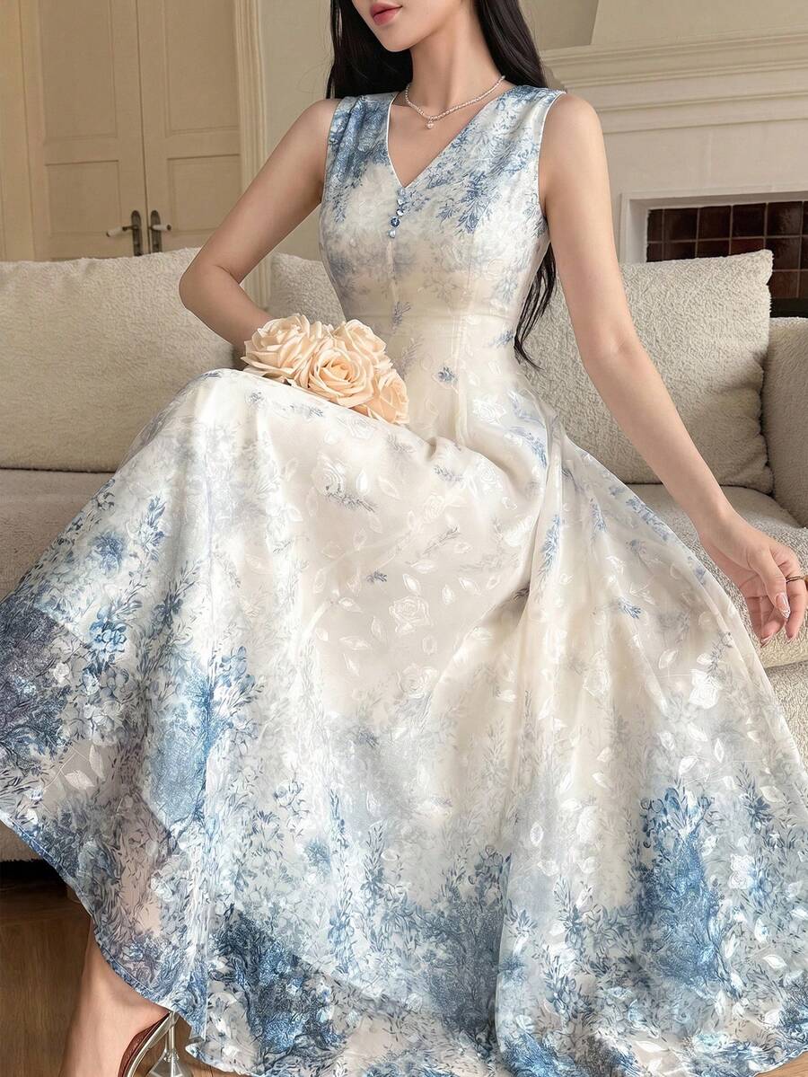 DAZY 女款優雅花卉花瓣袖V領中長洋裝,春夏陽光裙 - 水鴨藍 - 查看 1
