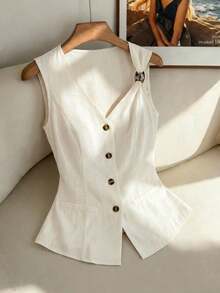 Franclia Plus Size Women's Solid V-Neck Open Front Button Fake Pocket Decor Single Side Pearl Embellished Sleeveless Top Vest, White, Summer, Office - White - View 4