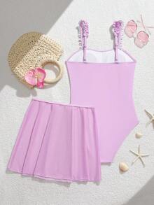 SHEIN 少女百合花印花连体泳衣配网纱裙夏季度假两件套 - 彩色 - 查看 3