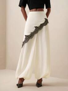 Women's Contrast Lace Loose Wide Leg Pants - Apricot - View 4