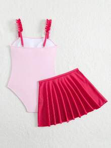 SHEIN Bộ đồ bơi liền thân cho bé gái in hình hoa ly đỏ, có chân váy lưới, thích hợp cho bãi biển, kỳ nghỉ và các hoạt động mùa hè. - Màu Hồng Tươi - Xem 2