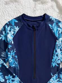 SHEIN Áo tắm liền thân tay ngắn ôm sát in họa tiết cây nhiệt đới dành cho bé gái tuổi teen, thích hợp cho kỳ nghỉ hè, du lịch biển, màu đen. - Màu xanh hải quân - Xem 4