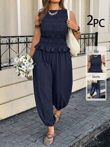 Lounesse Plus Size Summer Casual Solid Color Camisole And Pants 2 Pieces Set - Navy Blue - View 9