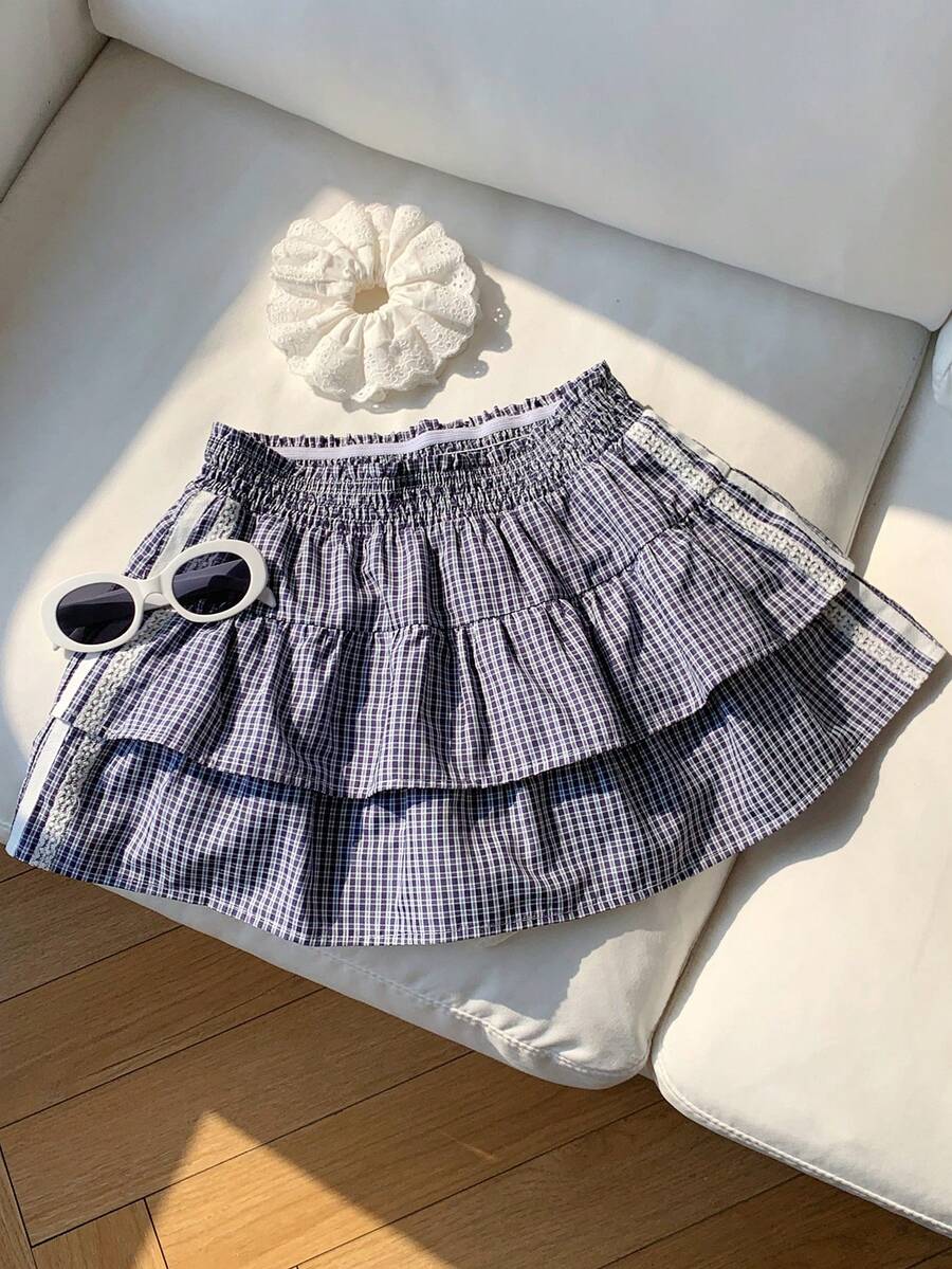 Comfortcana Women's Plaid Cake Skirt With Waist Drawstring - Navy Blue - View 1