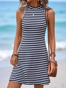 Women's High Neck Striped Mini Dress With 3D Rose - Navy Blue - View 4