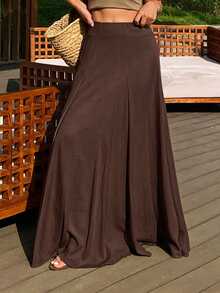 DAZY Women's Loose Solid Color Skirt, Elegant Resort Wear For Spring & Autumn - Brown - View 4