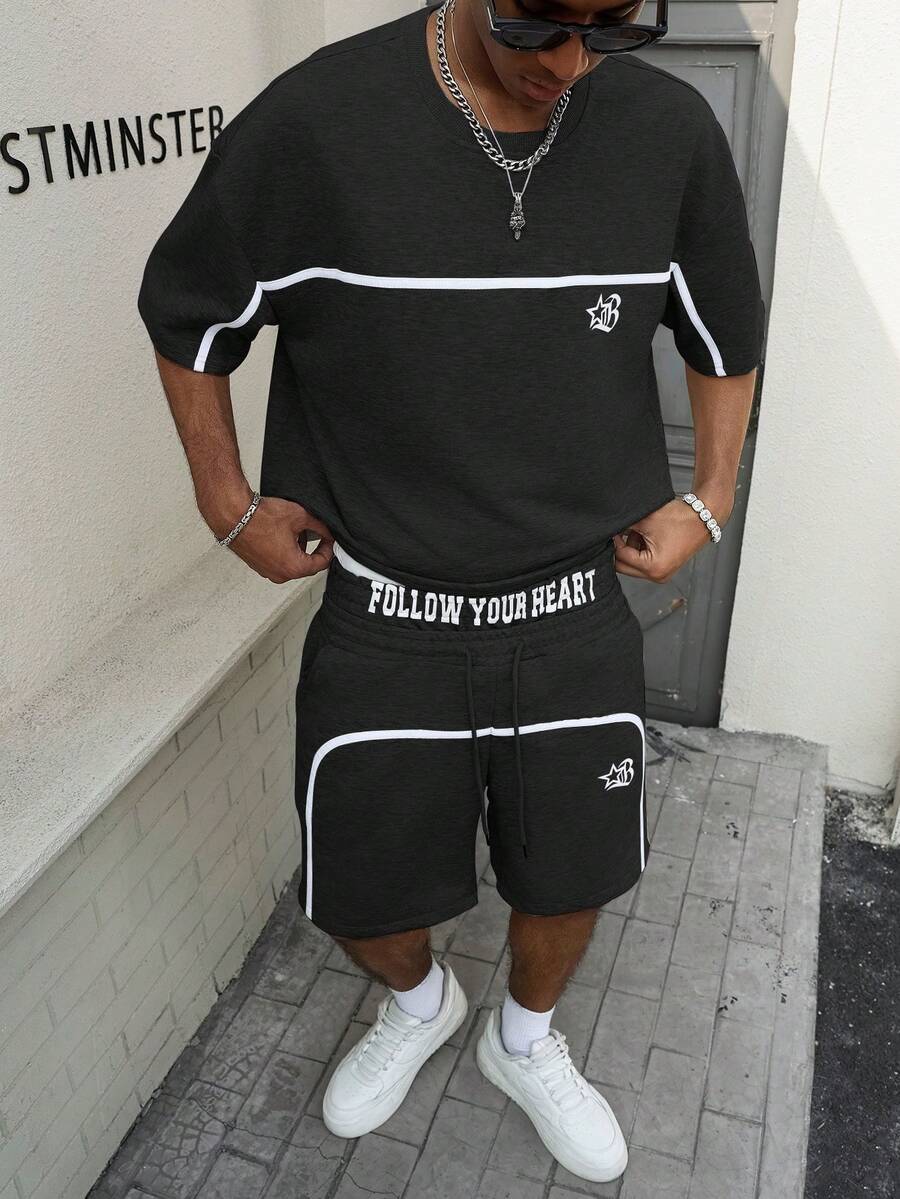 PAVTROS Young Street Style, Ribbon Design, Gothic Letter Print Grey Men's T-Shirt Set Football - Black - View 1