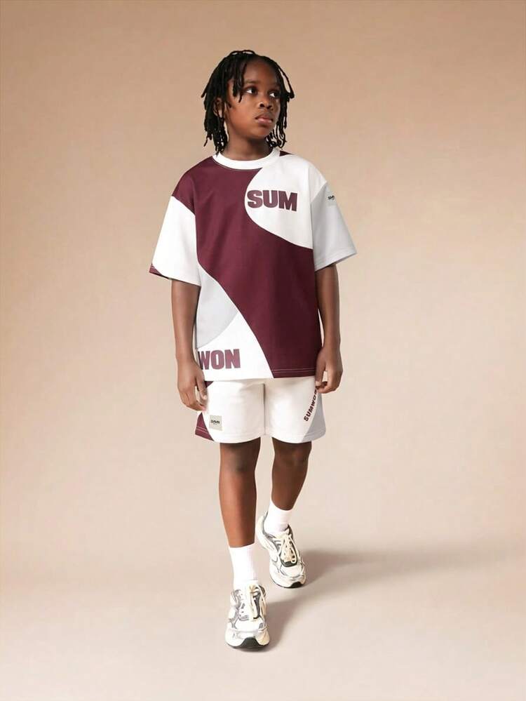 Tween Boys Color Block Jersey T-Shirt Matching Shorts Set Casual Streetwear Outfit