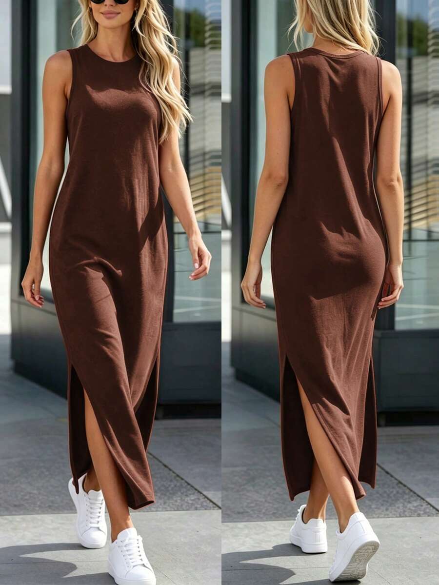 Silhoulove Gaun Tanpa Lengan Warna Polos Kasual Musim Panas dengan Belahan Samping - Coffee Brown - View 1