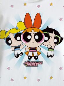 THE POWERPUFF GIRLS X SHEIN Đầm ngắn tay cổ tròn in hình ngôi sao dễ thương cho bé gái - trắng - Xem 4