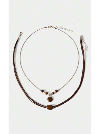 Noxbound 2PCS Vintage Leather Brown Stone Pendant Necklace Women's Retro Stacking Choker Temperament Clavicle Chain Jewelry Accessory