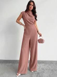 Firerie 女士优雅简约时尚通勤都市现代新款褶皱小立领短袖高腰阔腿连体裤，杏色 - 藕粉色 - 查看 8