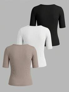 Selamara 3 chiếc áo thun nữ cổ vuông, chất liệu gân, kiểu dáng thường ngày, đa năng. - Nhiều màu - Xem 2