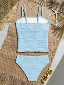 SHEIN Tween Girls' Summer Spaghetti Strap Bikini Set, Textured Fabric With Mesh Skirt, Beach & Pool Casual Vacation, Spring/Summer - Blue - View 2