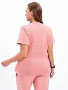 TaskEZ 女士手术服上衣 - 心形V领手术服上衣，女士短袖V领护士制服，带2个口袋T恤 - 粉色 - 查看 2