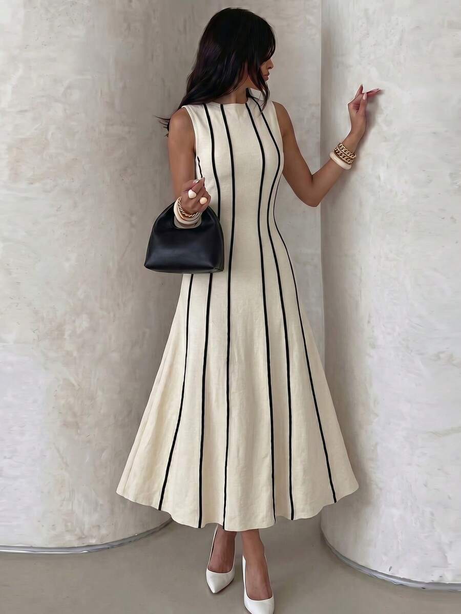 Modelyn Đầm midi dáng chữ A không tay màu mơ dệt kim, thắt eo, phối màu, dành cho nữ, thanh lịch và lãng mạn, thích hợp cho mùa xuân/hè.